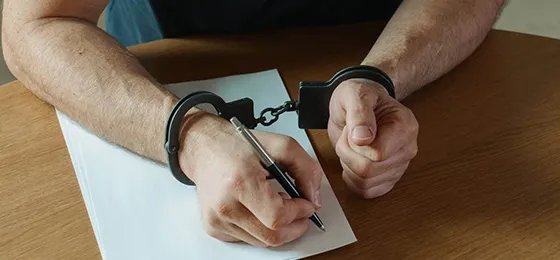 Hands in handcuffs with a pen on a table, representing 24/7 bail bonds service in Hopkins, SC, available for emergency needs.