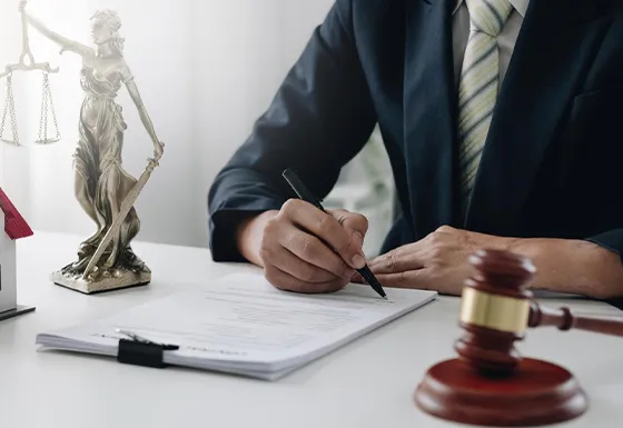 Lawyer writing at a desk with a gavel, highlighting benefits of choosing bail bond services.